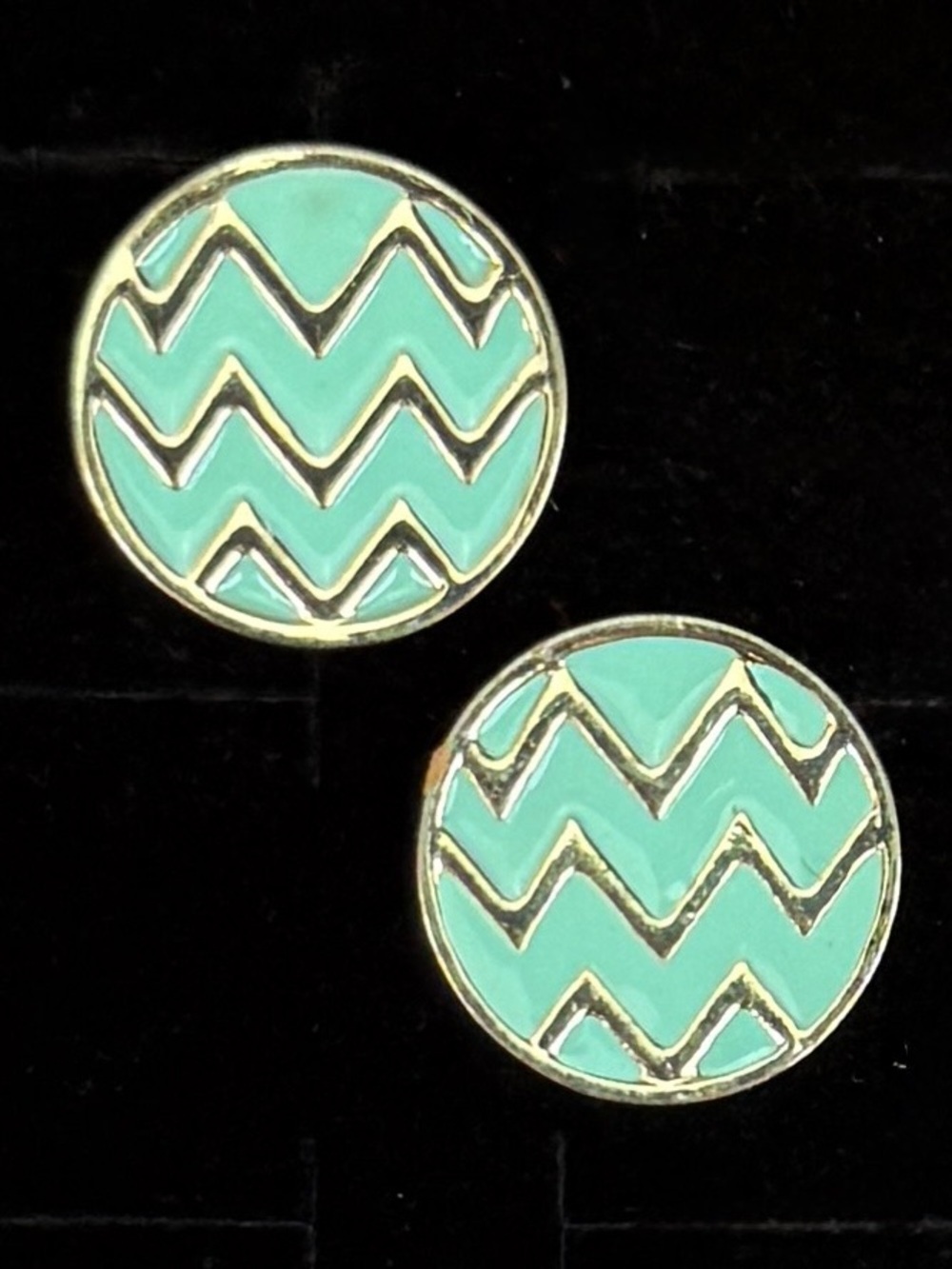 Turquoise Chevron Enamel Gold Tone Round Pierced Stud Earrings